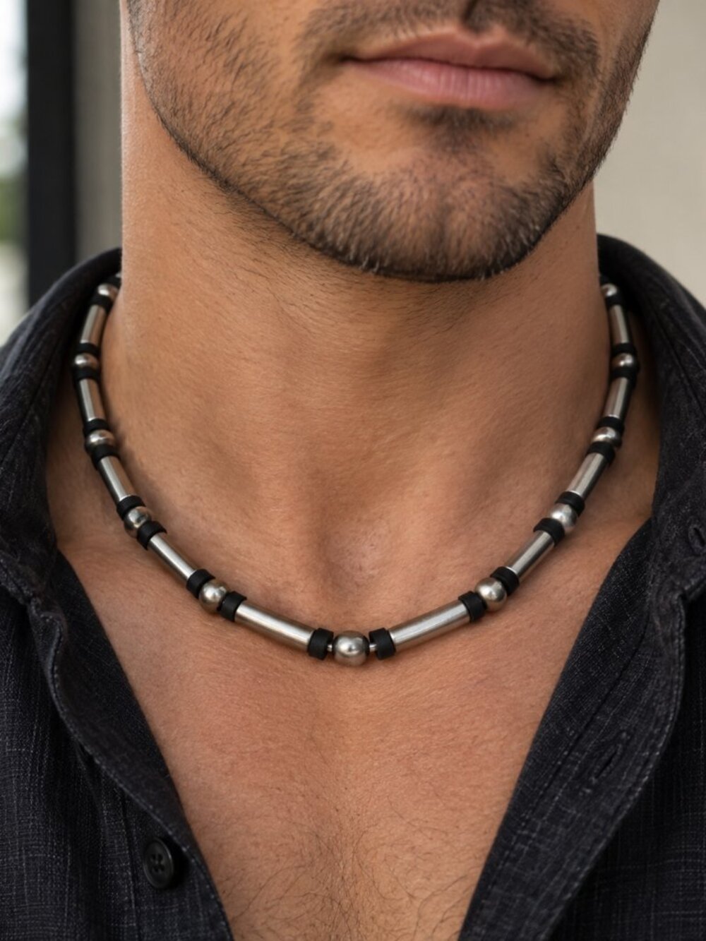 Stainless Steel Silver & Black Beaded Necklace Unisex Men's Women's